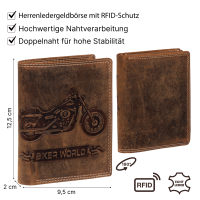 RFID Büffel Echt Leder Geldbörse Portemonnaie Herren mit geprägtem Motiv Hochformat Bike