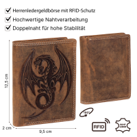 RFID Büffel Echt Leder Geldbörse Portemonnaie Herren mit geprägtem Motiv Hochformat Drache