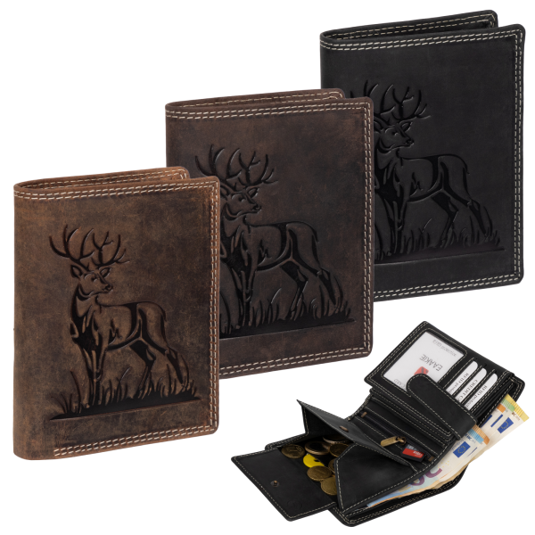 RFID Büffel Echt Leder Geldbörse Portemonnaie Herren mit geprägtem Motiv Hochformat Hirsch