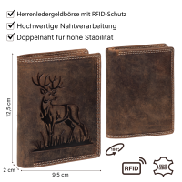 RFID Büffel Echt Leder Geldbörse Portemonnaie Herren mit geprägtem Motiv Hochformat Hirsch