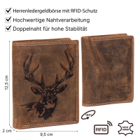 RFID Büffel Echt Leder Geldbörse Portemonnaie Herren mit geprägtem Motiv Hochformat Hirschkopf