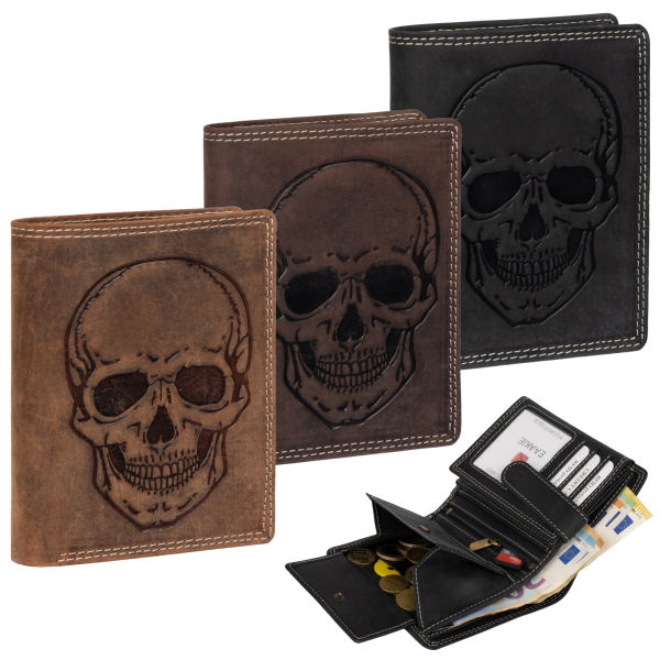 RFID Büffel Echt Leder Geldbörse Portemonnaie Herren mit geprägtem Motiv Hochformat Totenkopf