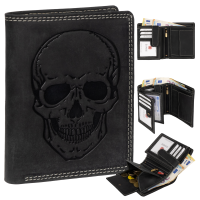 RFID Büffel Echt Leder Geldbörse Portemonnaie Herren mit geprägtem Motiv Hochformat Totenkopf