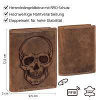 RFID Büffel Echt Leder Geldbörse Portemonnaie Herren mit geprägtem Motiv Hochformat Totenkopf