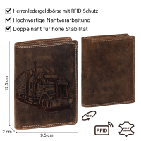 RFID Büffel Echt Leder Geldbörse Portemonnaie Herren mit geprägtem Motiv Hochformat Truck/LKW