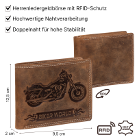 RFID Büffel Echt Leder Geldbörse Portemonnaie Herren mit geprägtem Motiv Querformat Bike