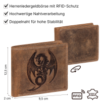 RFID Büffel Echt Leder Geldbörse Portemonnaie Herren mit geprägtem Motiv Querformat Drache