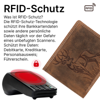RFID Büffel Echt Leder Geldbörse Portemonnaie Herren mit geprägtem Motiv Querformat Hirsch