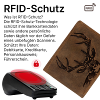 RFID Büffel Echt Leder Geldbörse Portemonnaie Herren mit geprägtem Motiv Querformat Hirschkopf