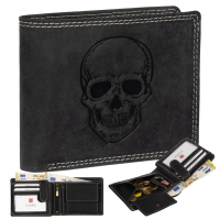 RFID Büffel Echt Leder Geldbörse Portemonnaie Herren mit geprägtem Motiv Querformat Totenkopf
