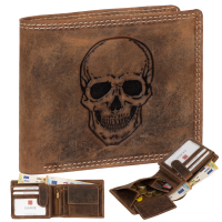 RFID Büffel Echt Leder Geldbörse Portemonnaie Herren mit geprägtem Motiv Querformat Totenkopf