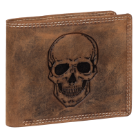 RFID Büffel Echt Leder Geldbörse Portemonnaie Herren mit geprägtem Motiv Querformat Totenkopf