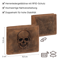 RFID Büffel Echt Leder Geldbörse Portemonnaie Herren mit geprägtem Motiv Querformat Totenkopf