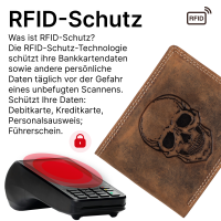 RFID Büffel Echt Leder Geldbörse Portemonnaie Herren mit geprägtem Motiv Querformat Totenkopf
