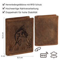 RFID Büffel Echt Leder Geldbörse Portemonnaie Herren mit geprägtem Motiv Hochformat Fisch