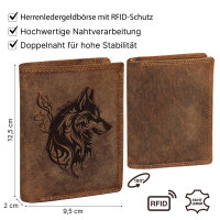 RFID Büffel Echt Leder Geldbörse Portemonnaie Herren mit geprägtem Motiv Hochformat Wolf