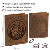 RFID Büffel Echt Leder Geldbörse Portemonnaie Herren mit geprägtem Motiv Hochformat Bergwolf