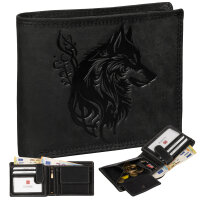 RFID Büffel Echt Leder Geldbörse Portemonnaie Herren mit geprägtem Motiv Querformat Wolf