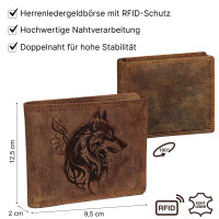 RFID Büffel Echt Leder Geldbörse Portemonnaie Herren mit geprägtem Motiv Querformat Wolf