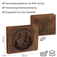 RFID Büffel Echt Leder Geldbörse Portemonnaie Herren mit geprägtem Motiv Querformat Bergwolf