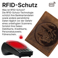 RFID Büffel Echt Leder Geldbörse Portemonnaie Herren mit geprägtem Motiv Querformat Bergwolf