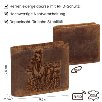 RFID Büffel Echt Leder Geldbörse Portemonnaie Herren mit geprägtem Motiv Querformat Pferde