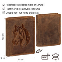 RFID Büffel Echt Leder Geldbörse Portemonnaie Herren mit geprägtem Motiv Hochformat Pferdekopf