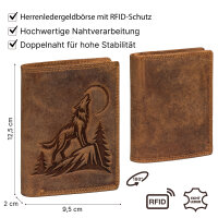 RFID Büffel Echt Leder Geldbörse Portemonnaie Herren mit geprägtem Motiv Hochformat Nachtwolf