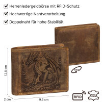 RFID Büffel Echt Leder Geldbörse Portemonnaie Herren mit geprägtem Motiv Querformat Dragon