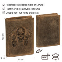 RFID Büffel Echt Leder Geldbörse Portemonnaie Herren mit geprägtem Motiv Hochformat Totenschädel