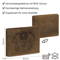 RFID Büffel Echt Leder Geldbörse Portemonnaie Herren mit geprägtem Motiv Querformat Totenschädel